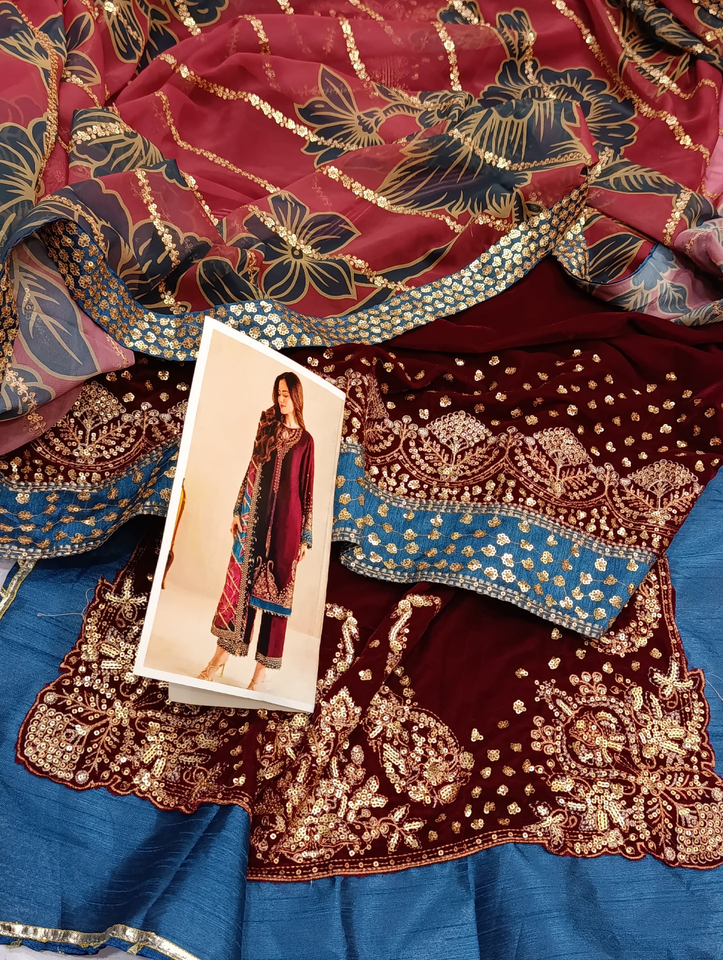 3pc Valvet jazmin with heavy embellished silk dupatta Maroon