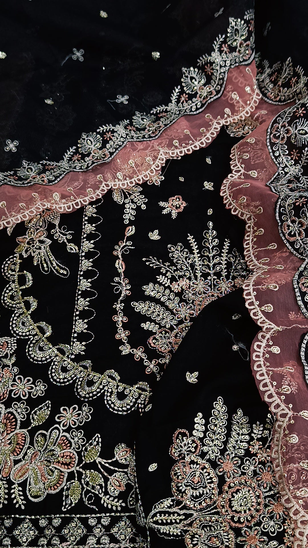 Peach Patti black lawn chiffon duaptta