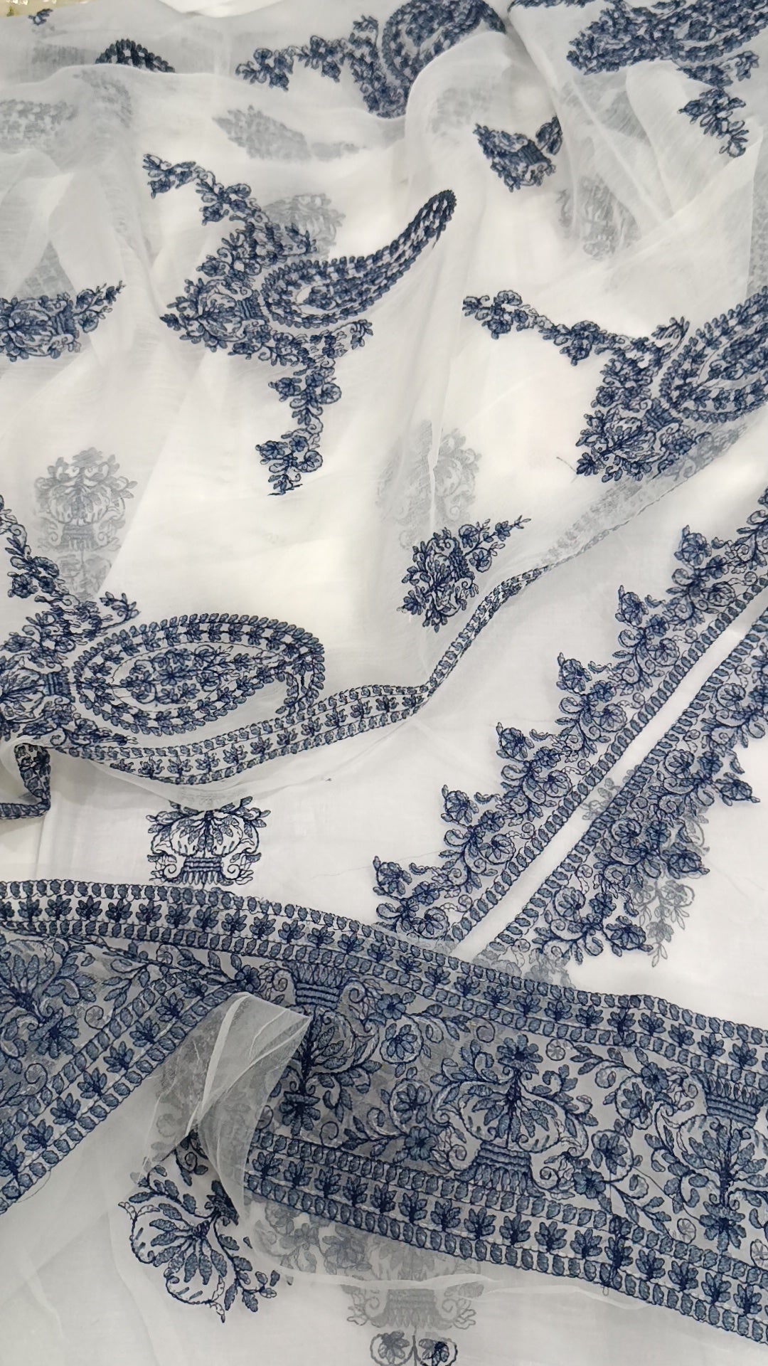 3pc paan jaal chiffon dupatta white blue lawn