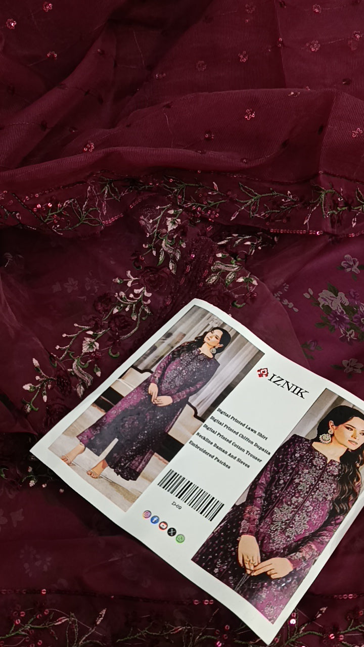 3pc iznik maroon Star lawn