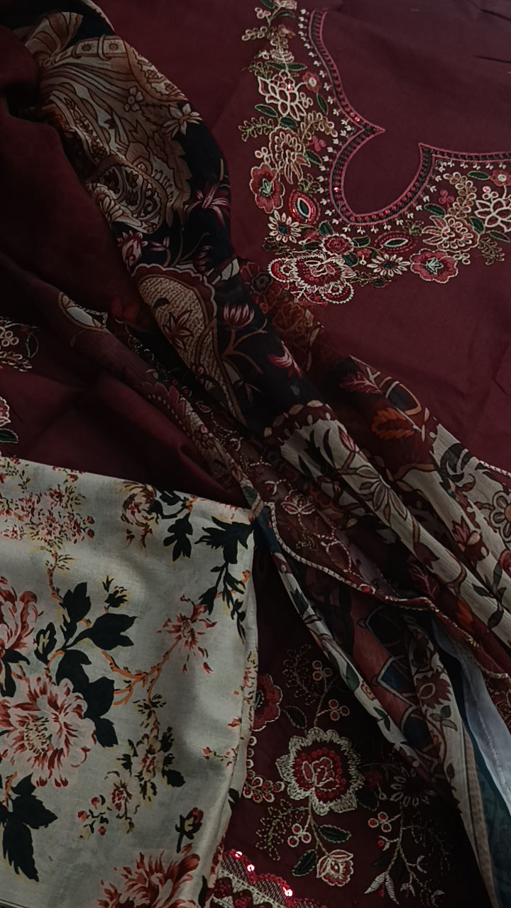 3pc Washma maroon lawn