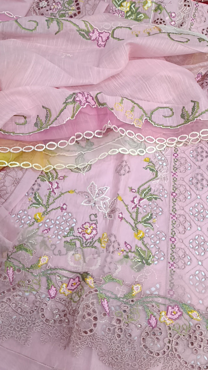 3pc Qalamkar koyaal pink lawn