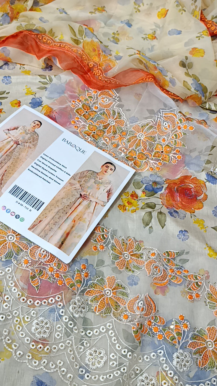 3pc Baroque fusion frock lawn