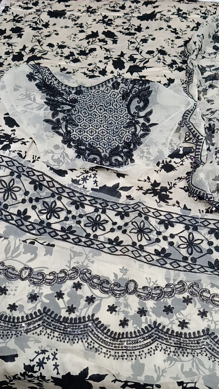 3pc Nazish black white lawn