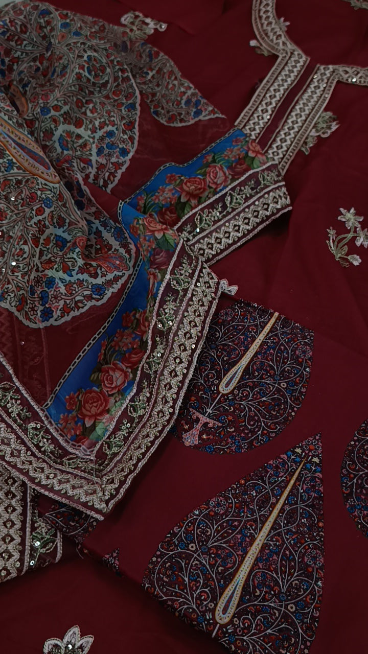 3pc ethnic leaf lawn maroon