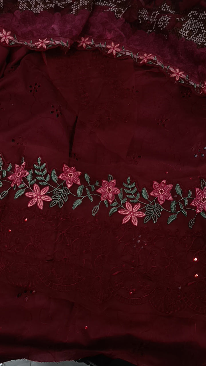 3pc sadia maroon lawn