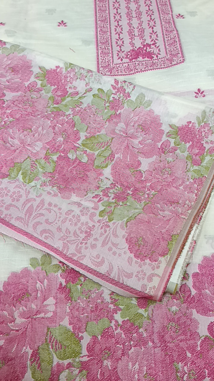 3pc white pink jacquard lawn