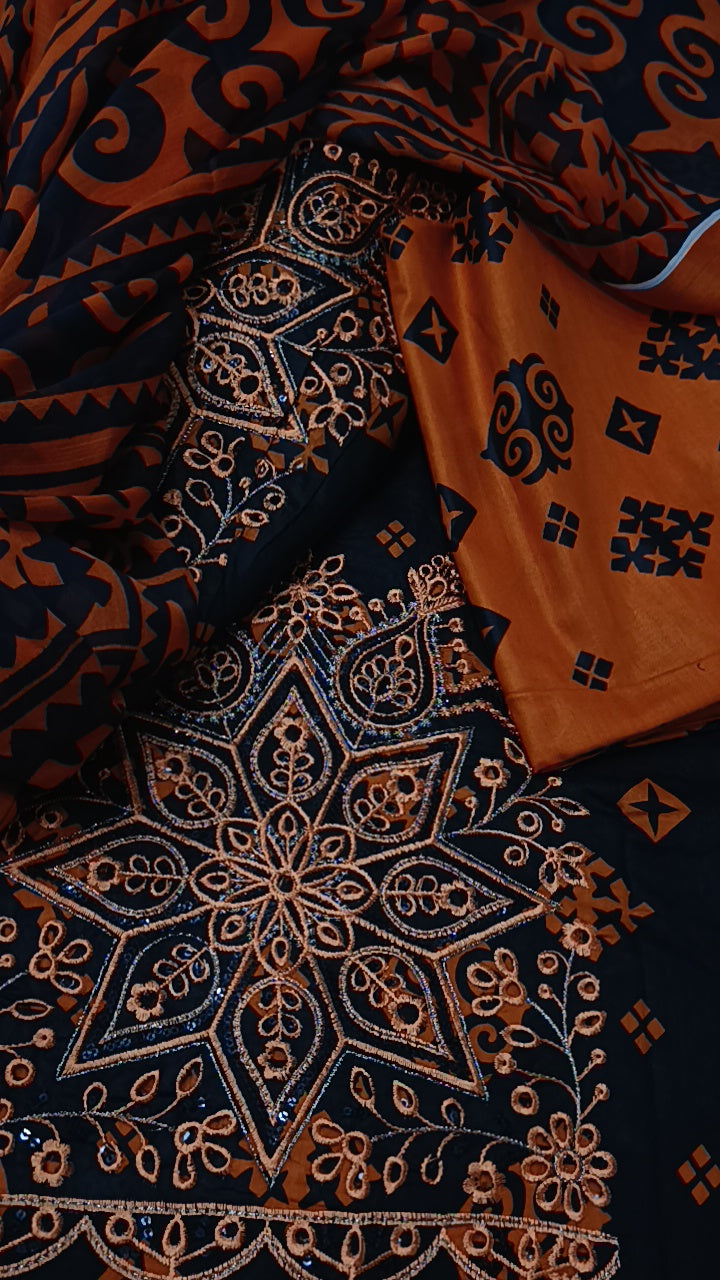 3pc black orange COp lawn