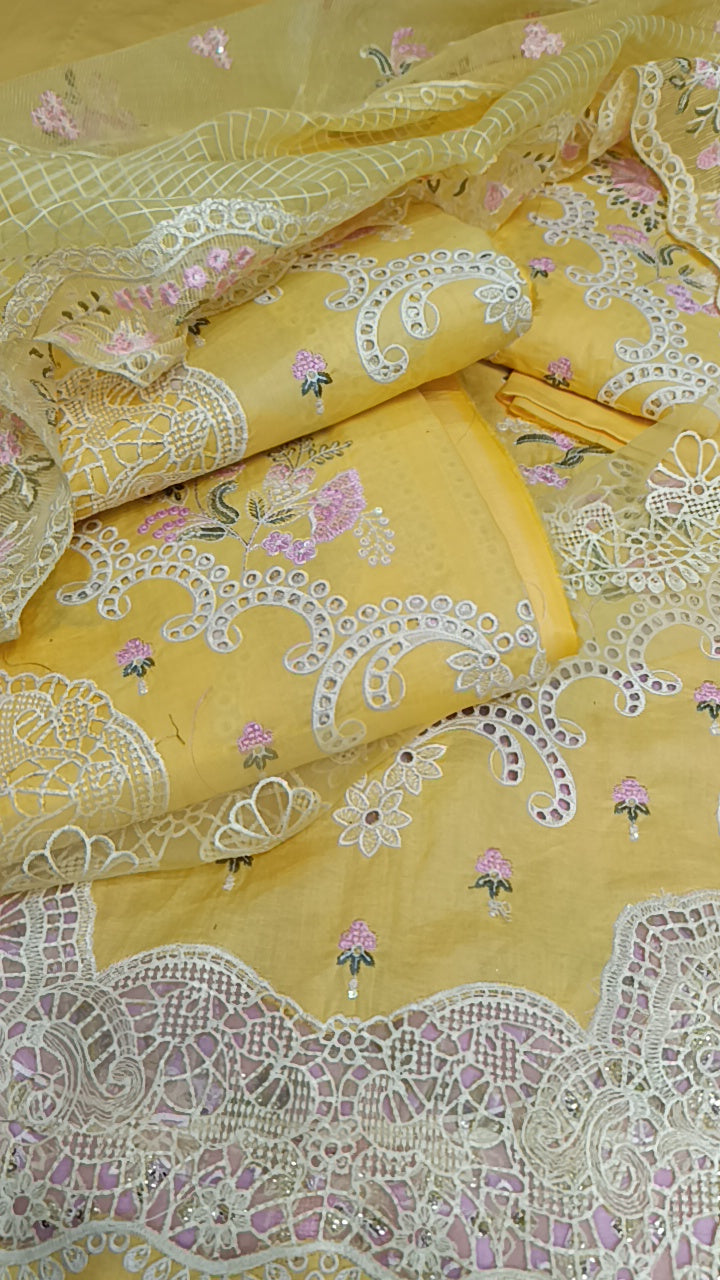 3pc yellow check duaptta lawn