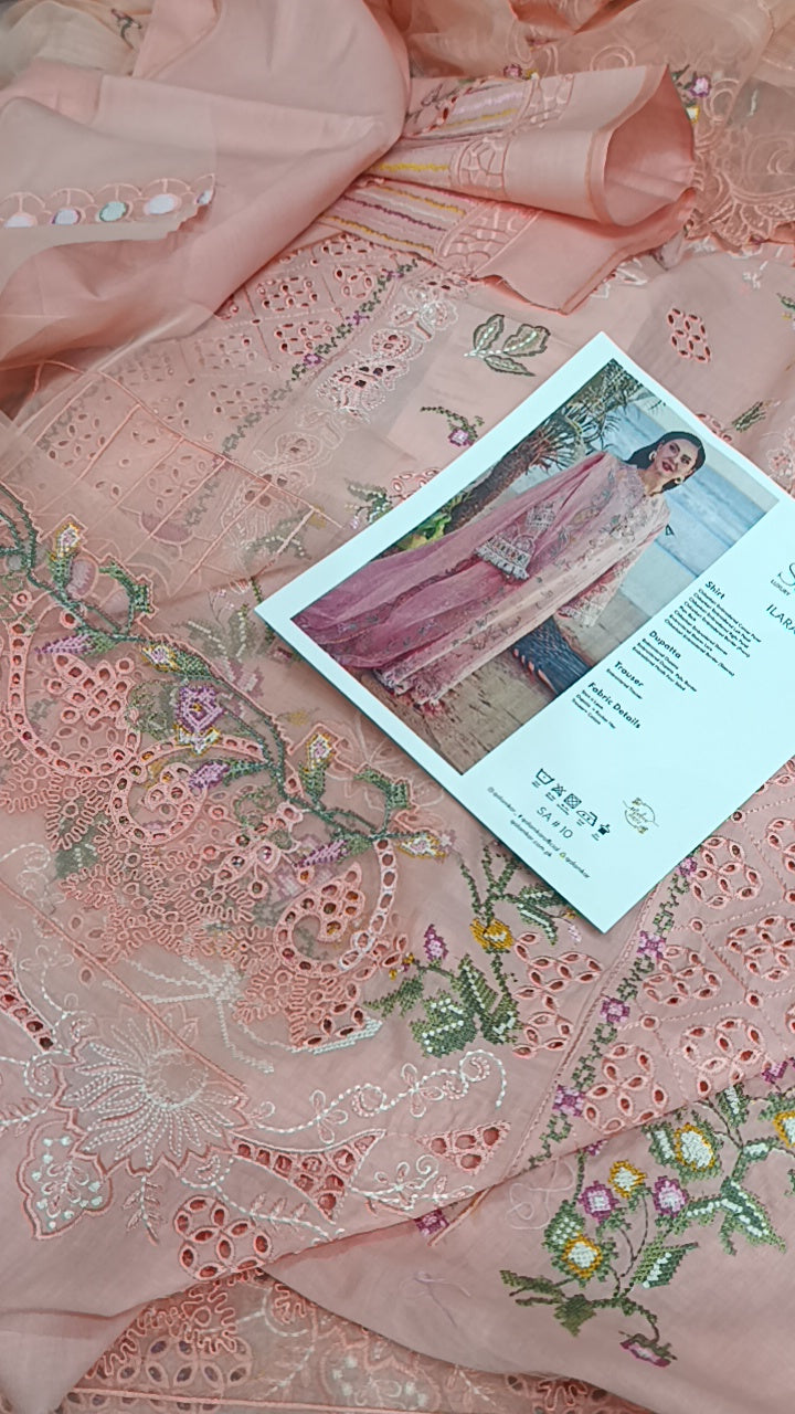 3pc Qalamkar hania peach lawn