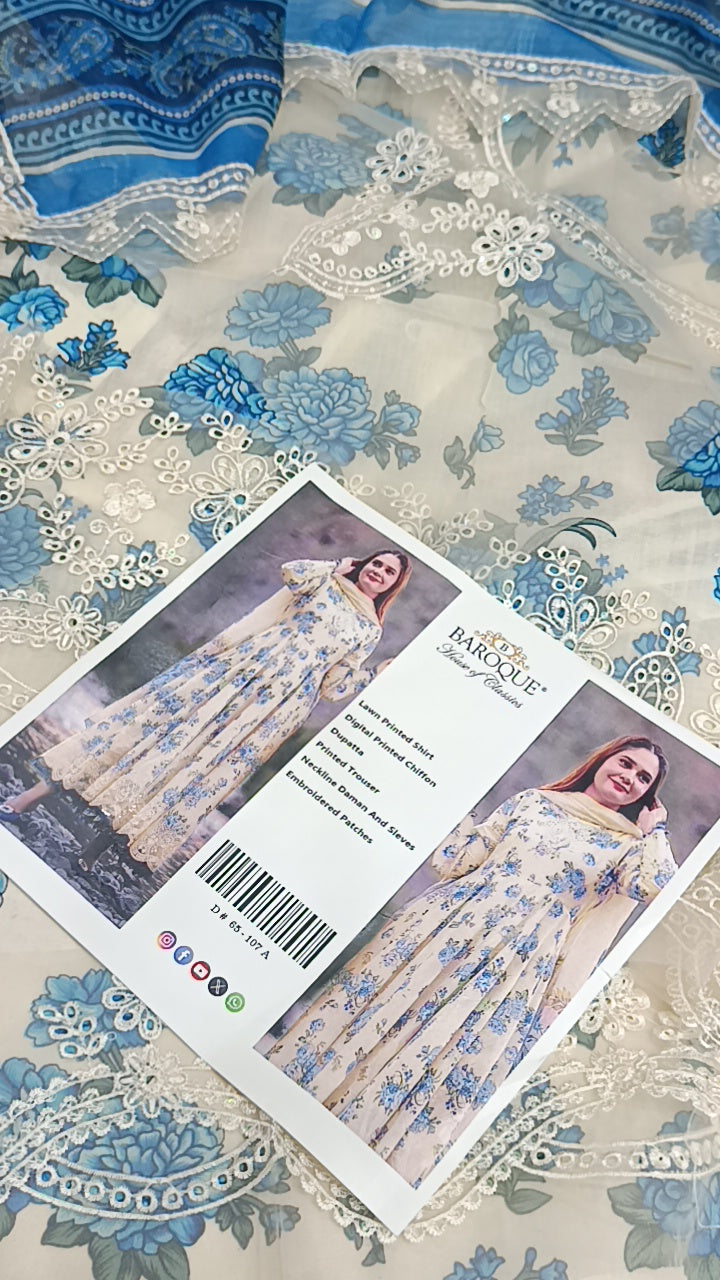 3pc blue flower frock lawn