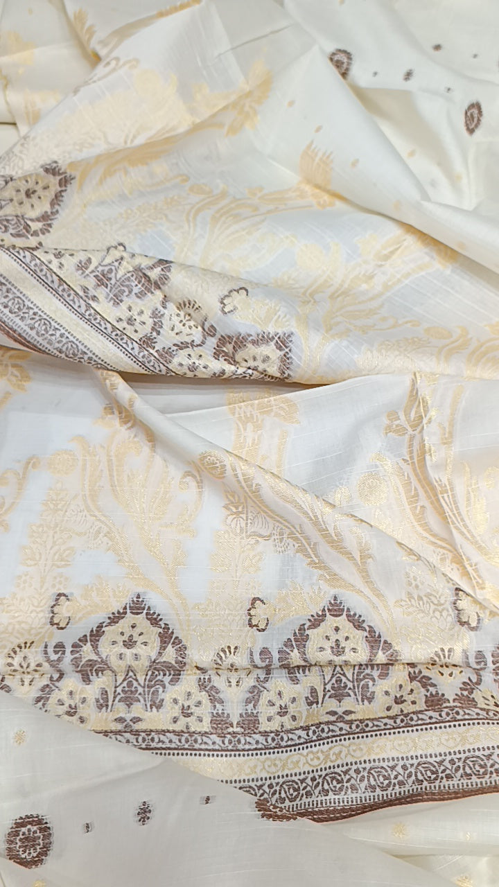 3pc off white jacquard brown touch lawn