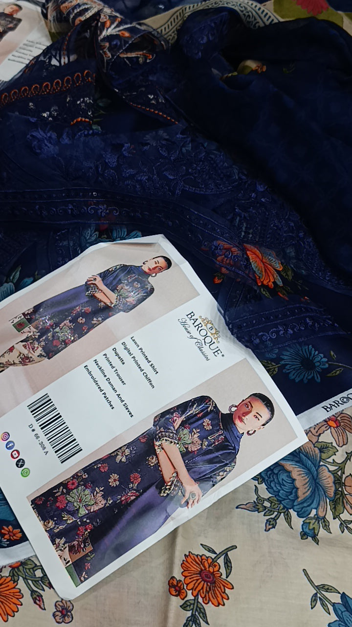 3pc baroque Blue contrast trouser lawn