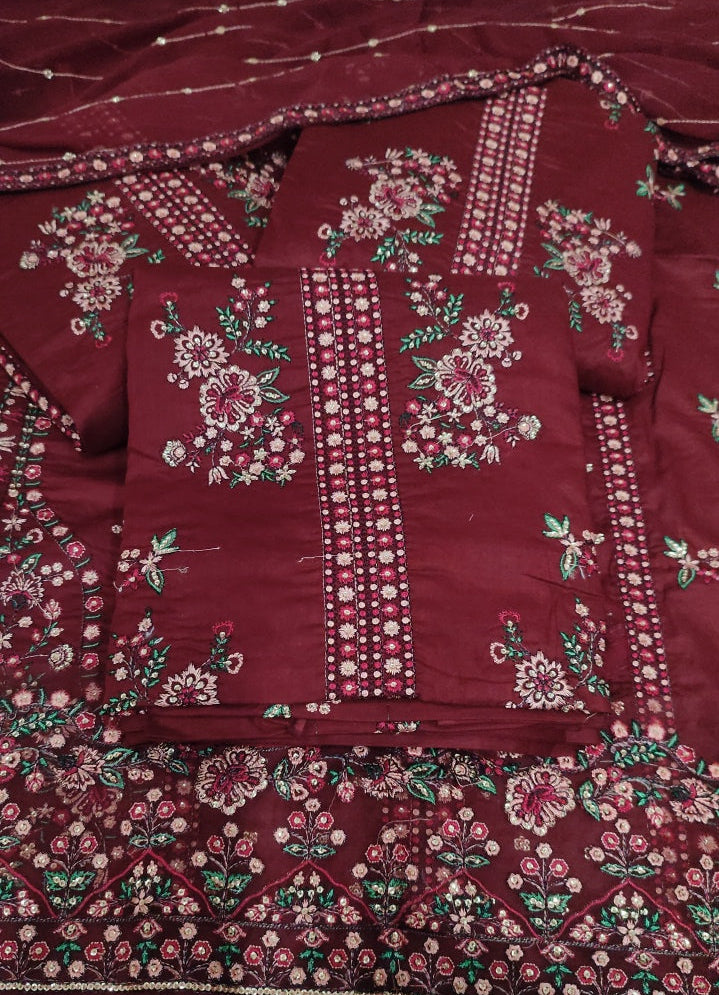 3pc Aneelas maroon fancy lawn