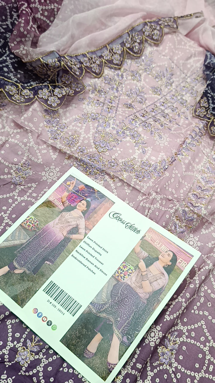 3pc double chunri purple pink lawn