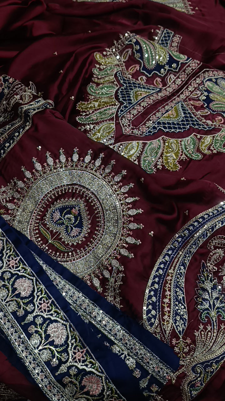 3pc mehroon nashmiya silk