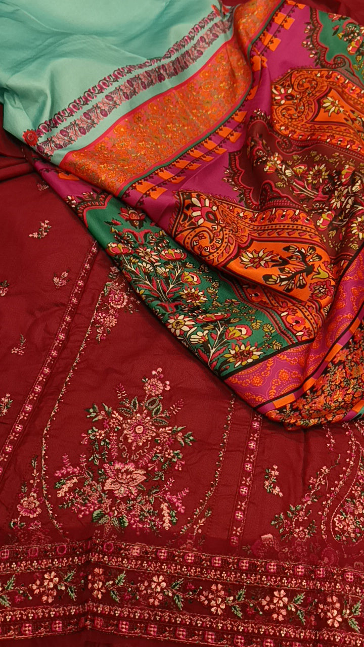 3pc Hussain rehar Mehroon Dhankh