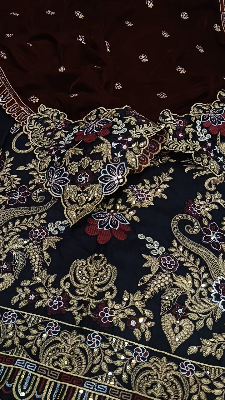 3pc Black dhanak with Mehroon applique valvet shwl