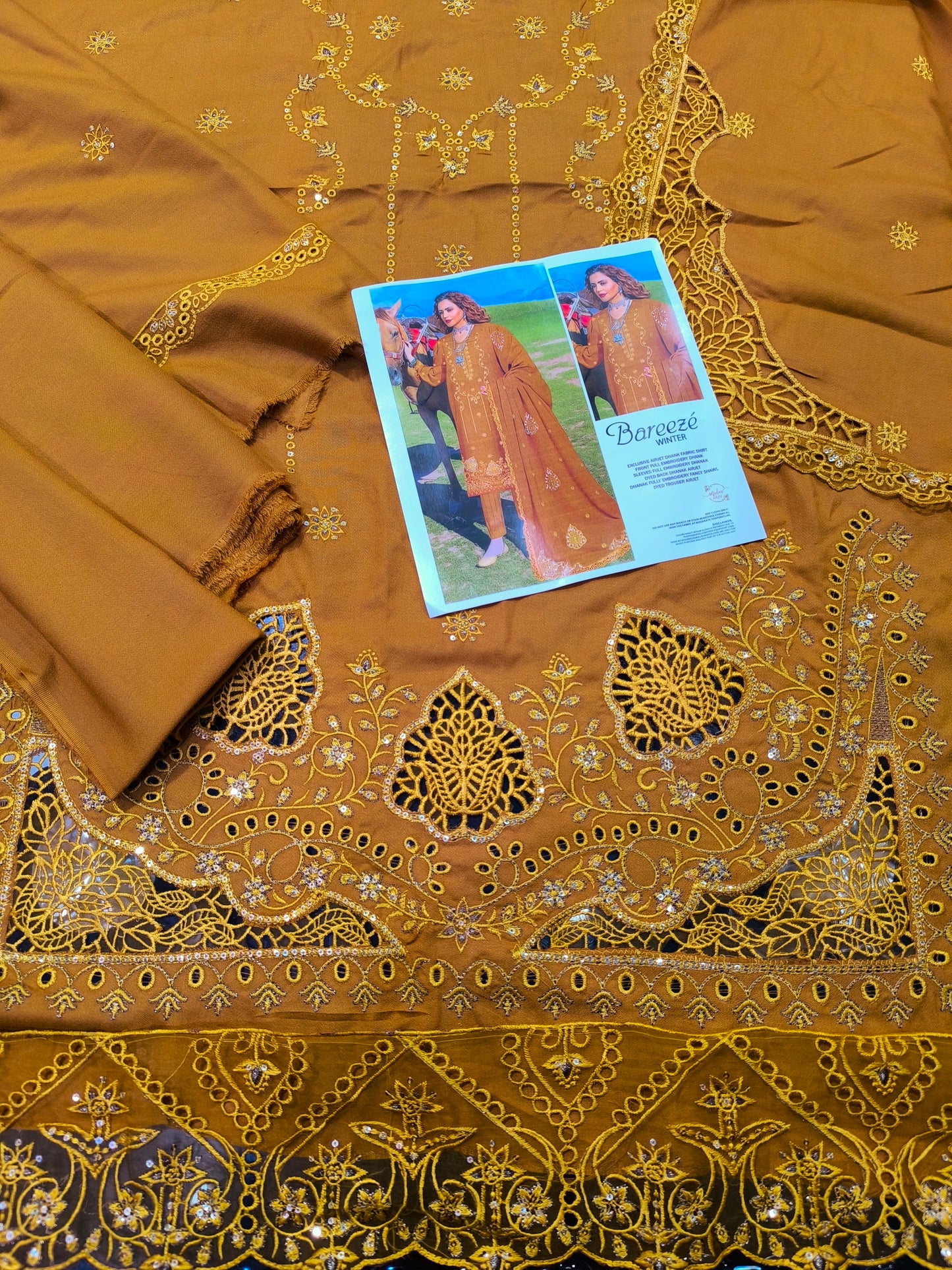 Luxury Dhanak Heavy Embroidered Shirt with Dissolving Cutwork Shiffli | Matching Shawl MUSTURD