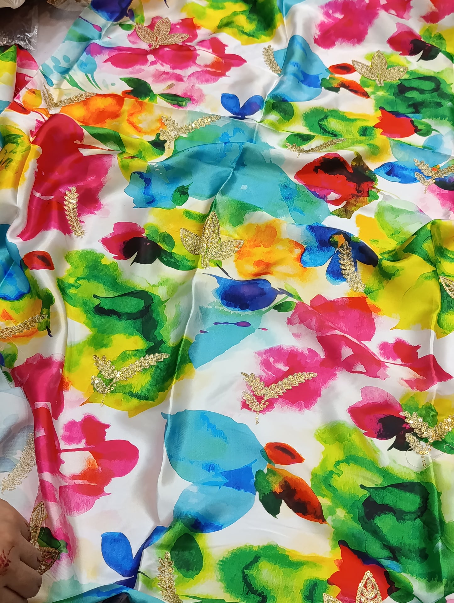 Silk 3PC Suit – Embroidered Patches with khadi Net Dupatta rangoli