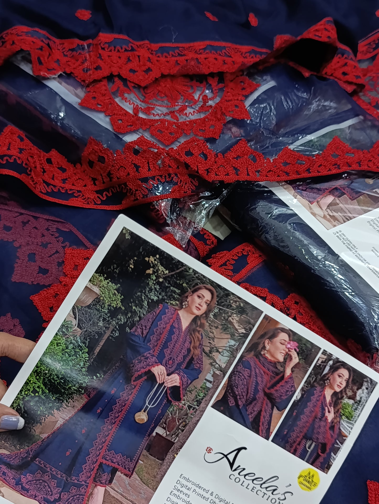 3PC WOOL EMBROIDRY ANEELAS DUPE BLUE RED