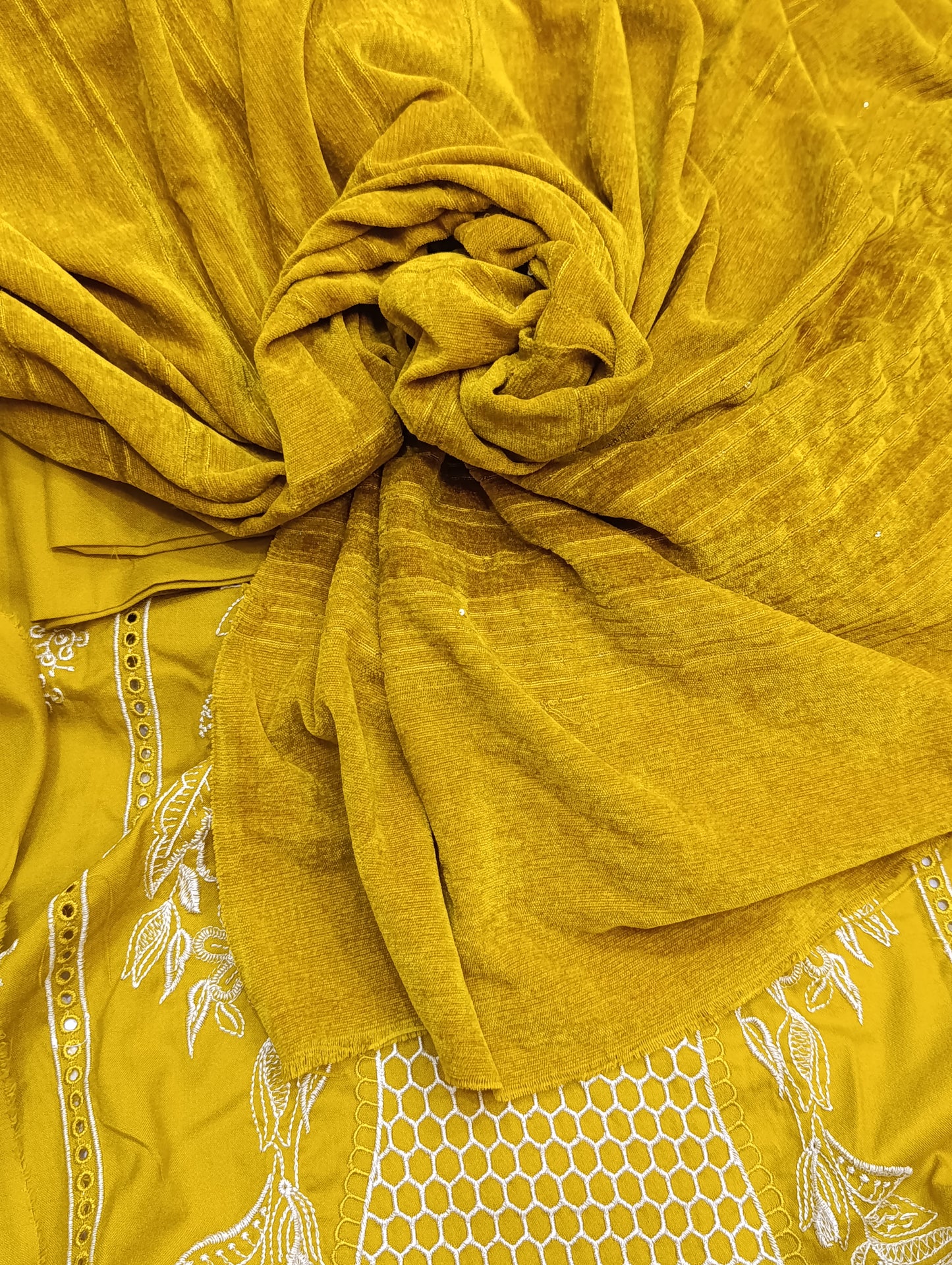 3pc dhanak with valvet leather shawl dhani