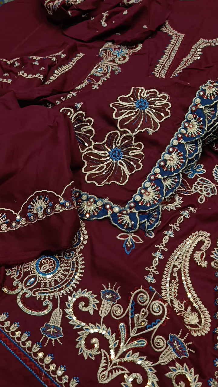 3pc Ravira dark Mehroon dhankh