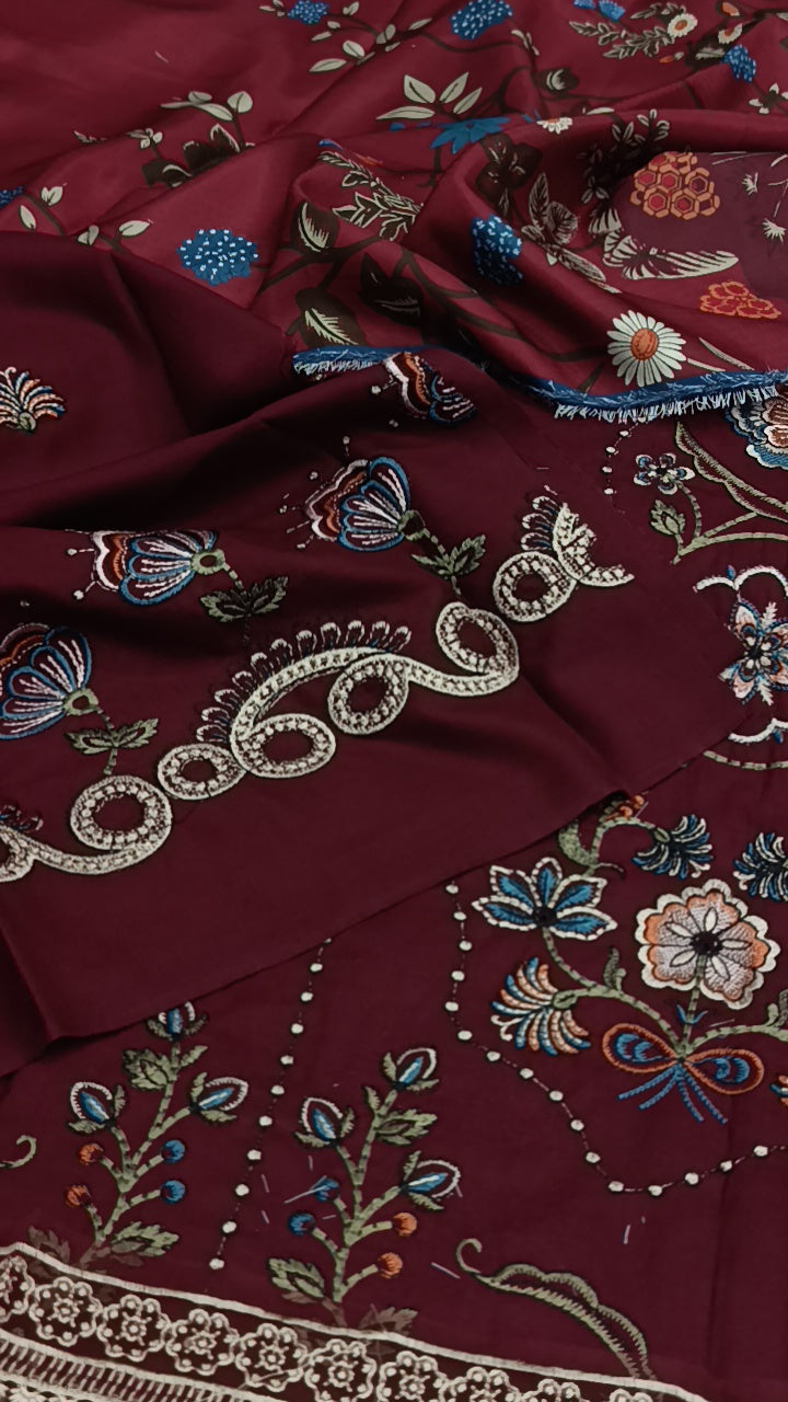 3pc lushba dark mehroon dhankh