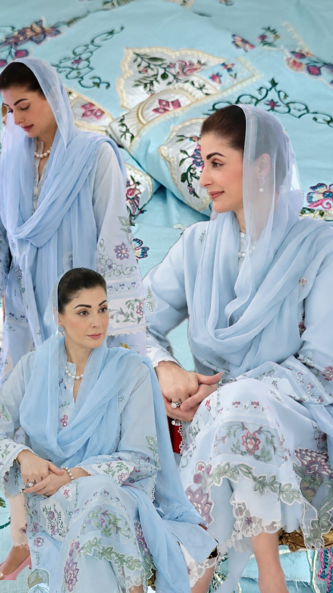 3pc Maryam nawaz sky blue lawn