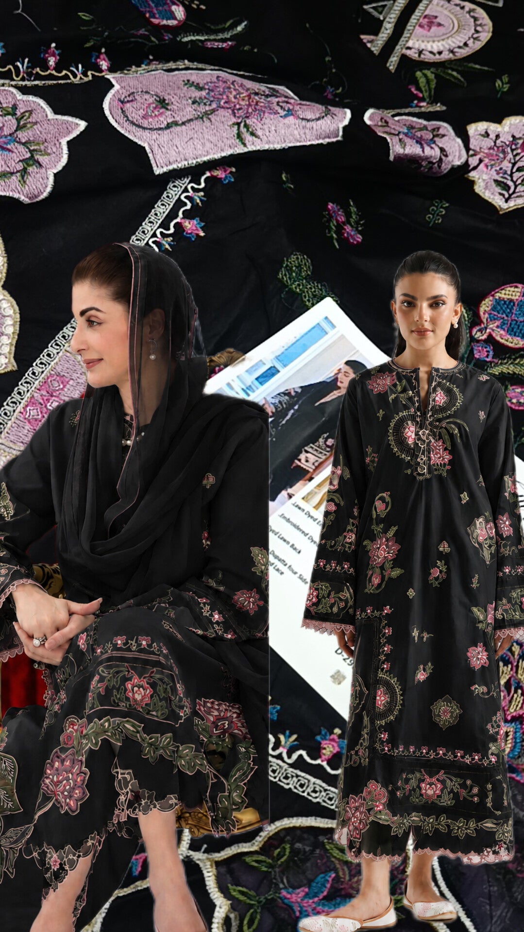 3pc mariyam nawaz black lawn