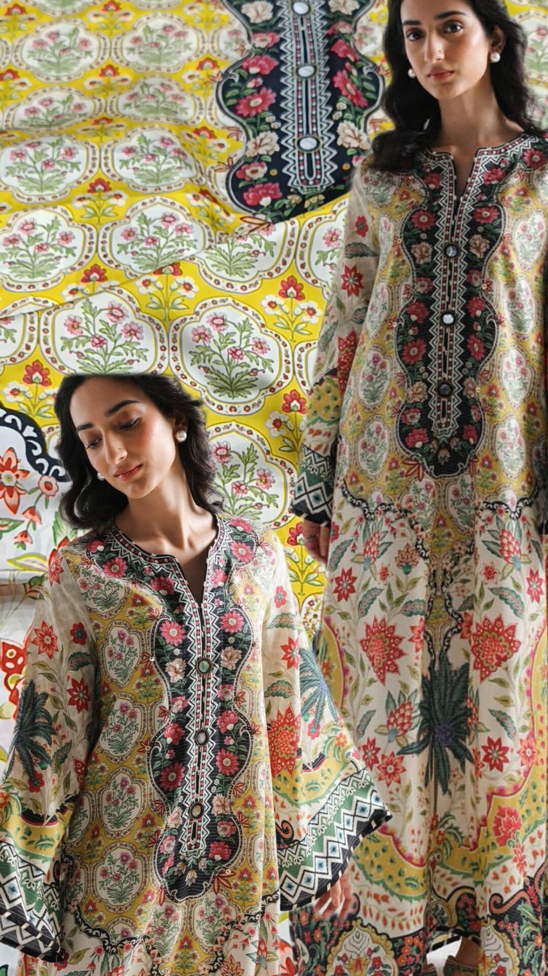 2pc Ethnic long kaftan yellow silk