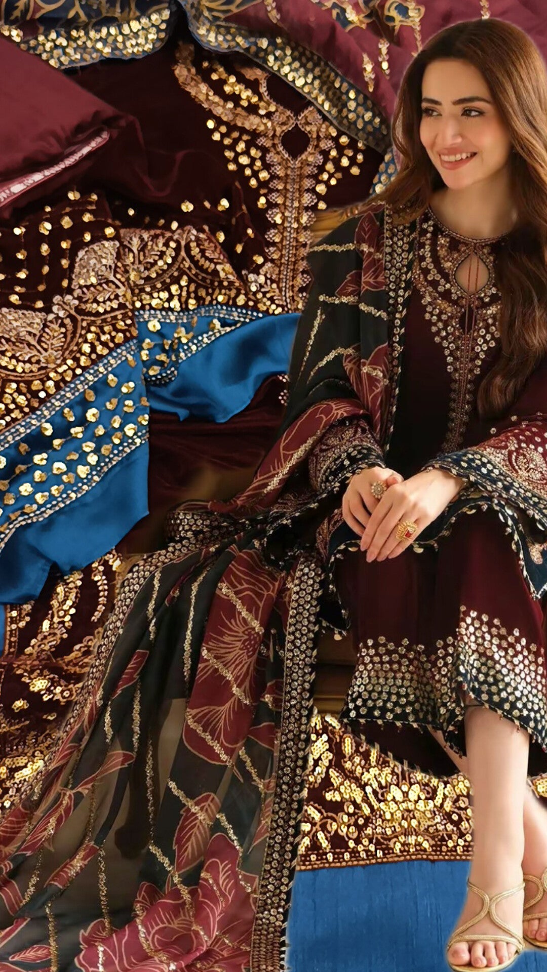 3pc Jazmin haseena valvet maroon