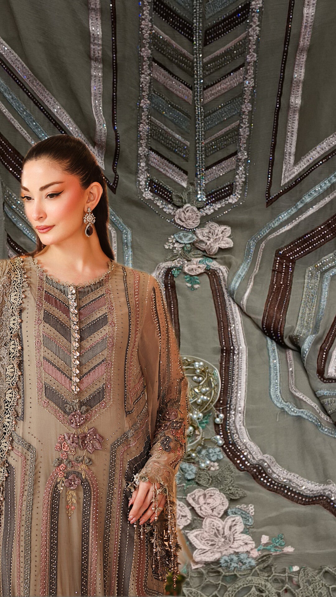 3pc surkhab brown chiffon