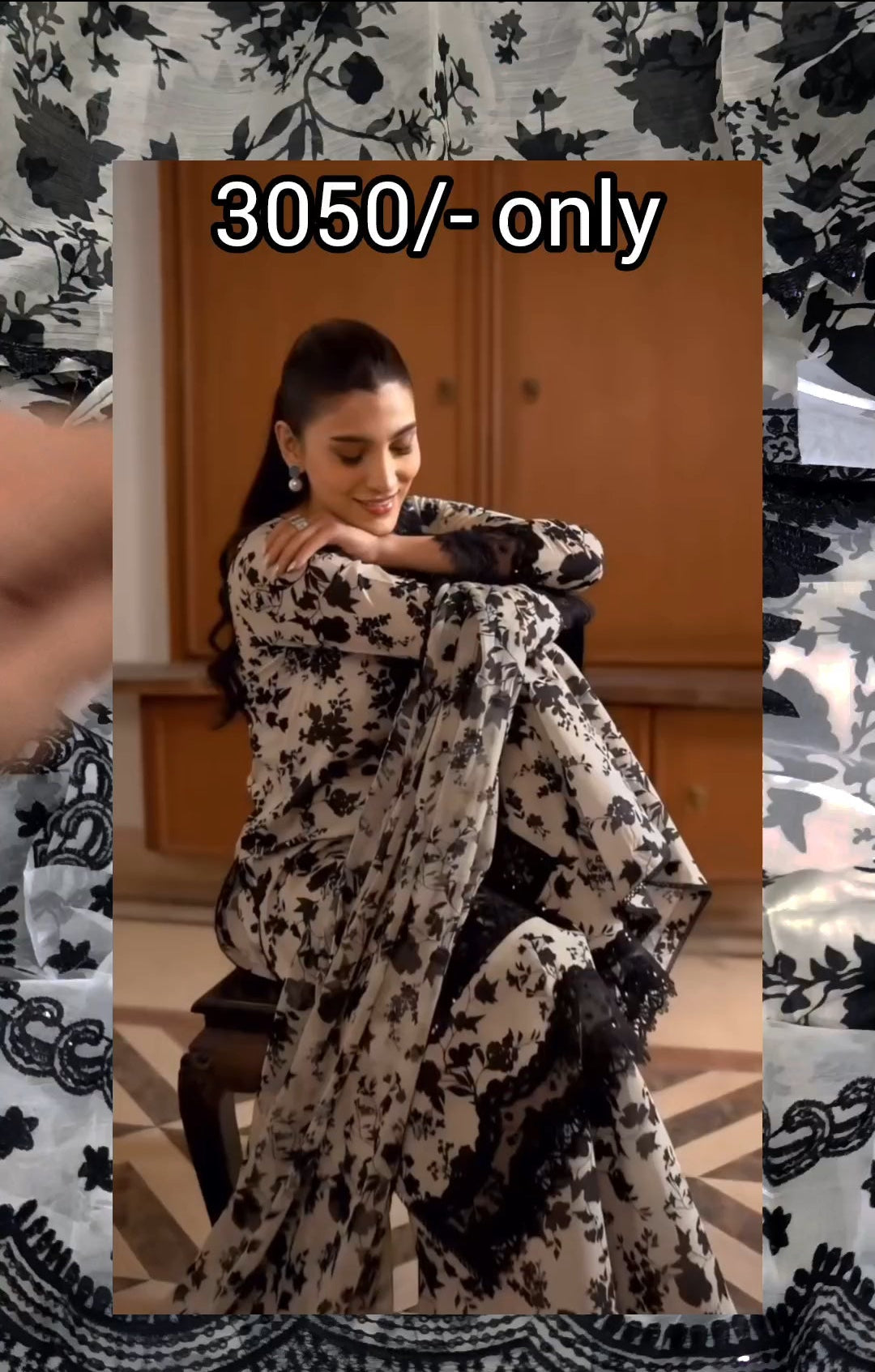 3pc Nazish black white lawn