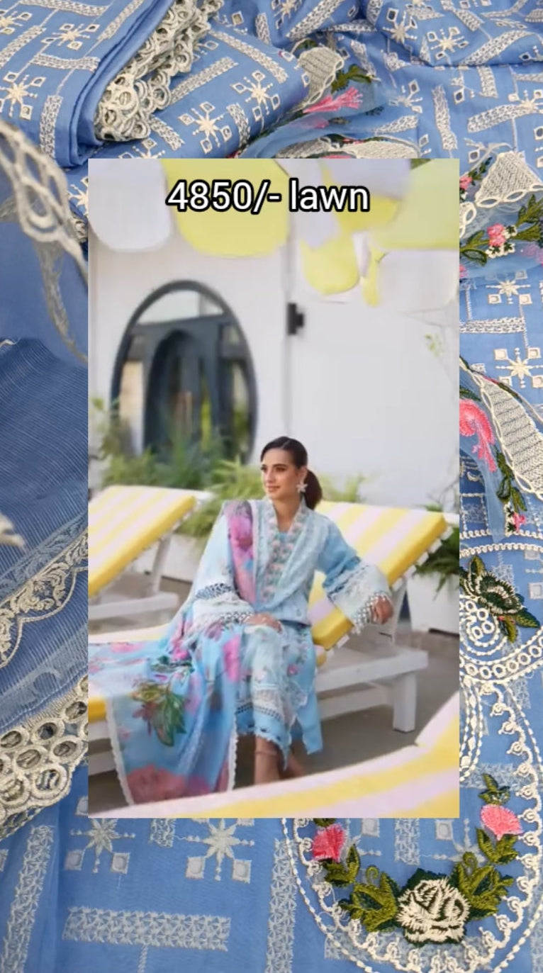 3pc iqra Aziz blue lawn