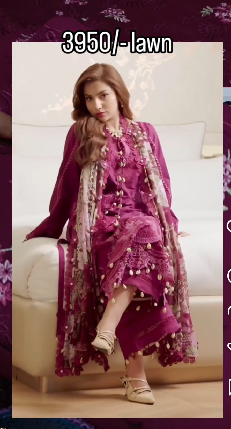 3pc dananeer magenta lawn
