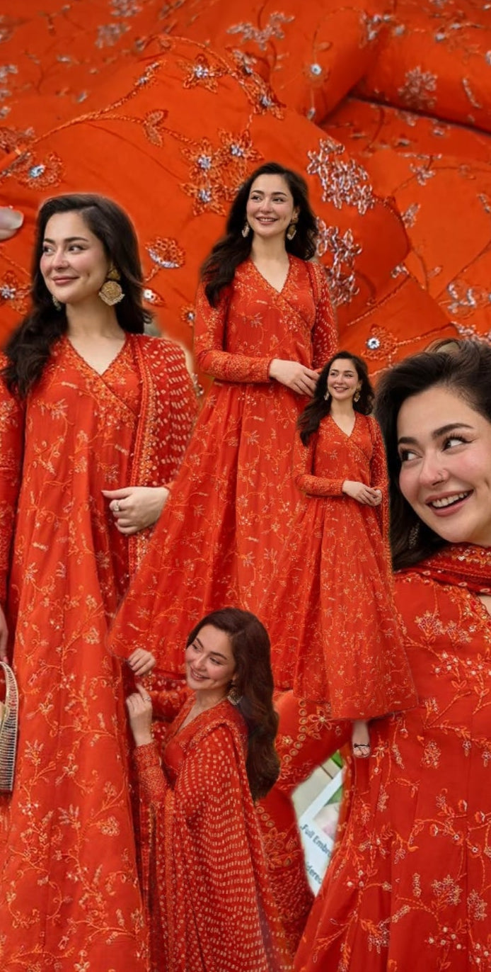 3pc orange Faiza saqlain frock lawn