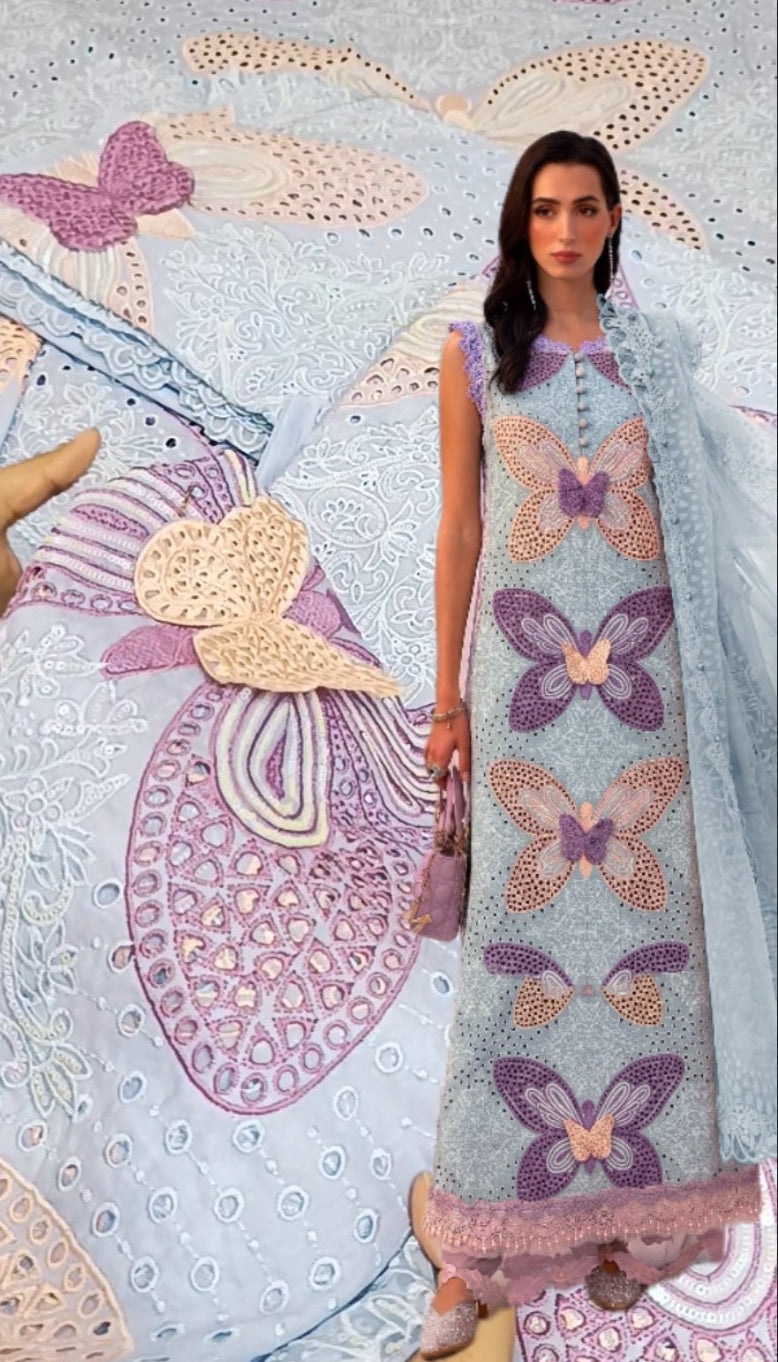3pc Shahi Butterfly luxury lawn sky blue