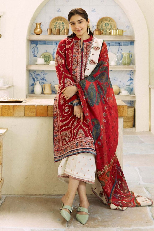 Zara Shahjahan Inspired 3PC Embroidered Dhanak Suit | Winter Collection RED
