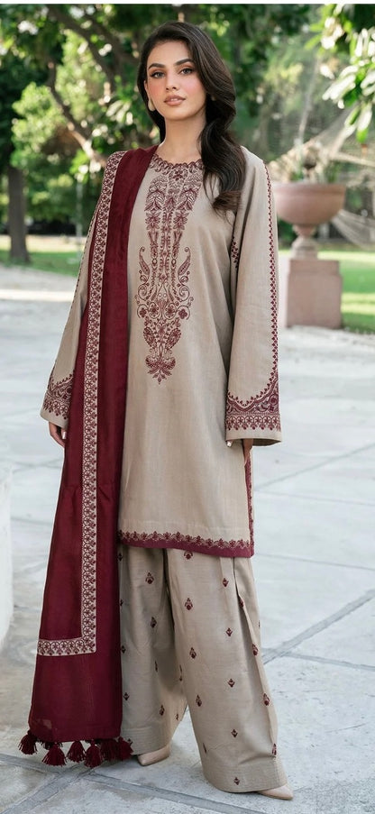 Winter Luxury Dhanak 3-Piece Embroidered Dress – Shirt, Trouser & Sleeves with Patches, 4-Side Dupatta SKIN MAROON BAROQUE