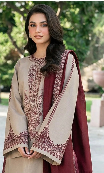 Winter Luxury Dhanak 3-Piece Embroidered Dress – Shirt, Trouser & Sleeves with Patches, 4-Side Dupatta SKIN MAROON BAROQUE