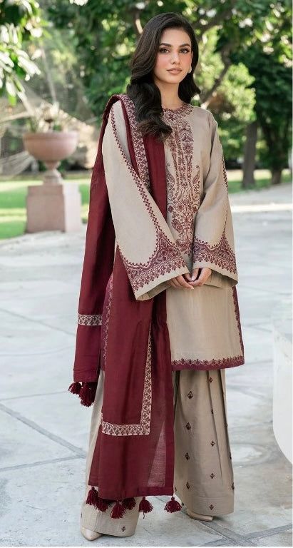 Winter Luxury Dhanak 3-Piece Embroidered Dress – Shirt, Trouser & Sleeves with Patches, 4-Side Dupatta SKIN MAROON BAROQUE
