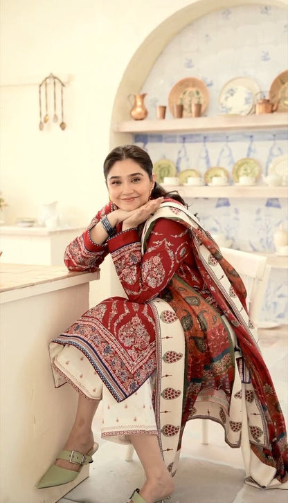Zara Shahjahan Inspired 3PC Embroidered Dhanak Suit | Winter Collection RED