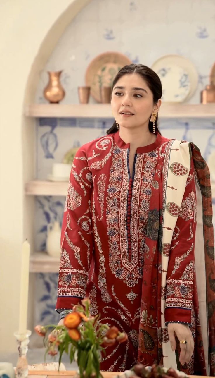 Zara Shahjahan Inspired 3PC Embroidered Dhanak Suit | Winter Collection RED