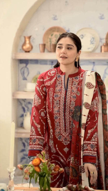 Zara Shahjahan Inspired 3PC Embroidered Dhanak Suit | Winter Collection RED