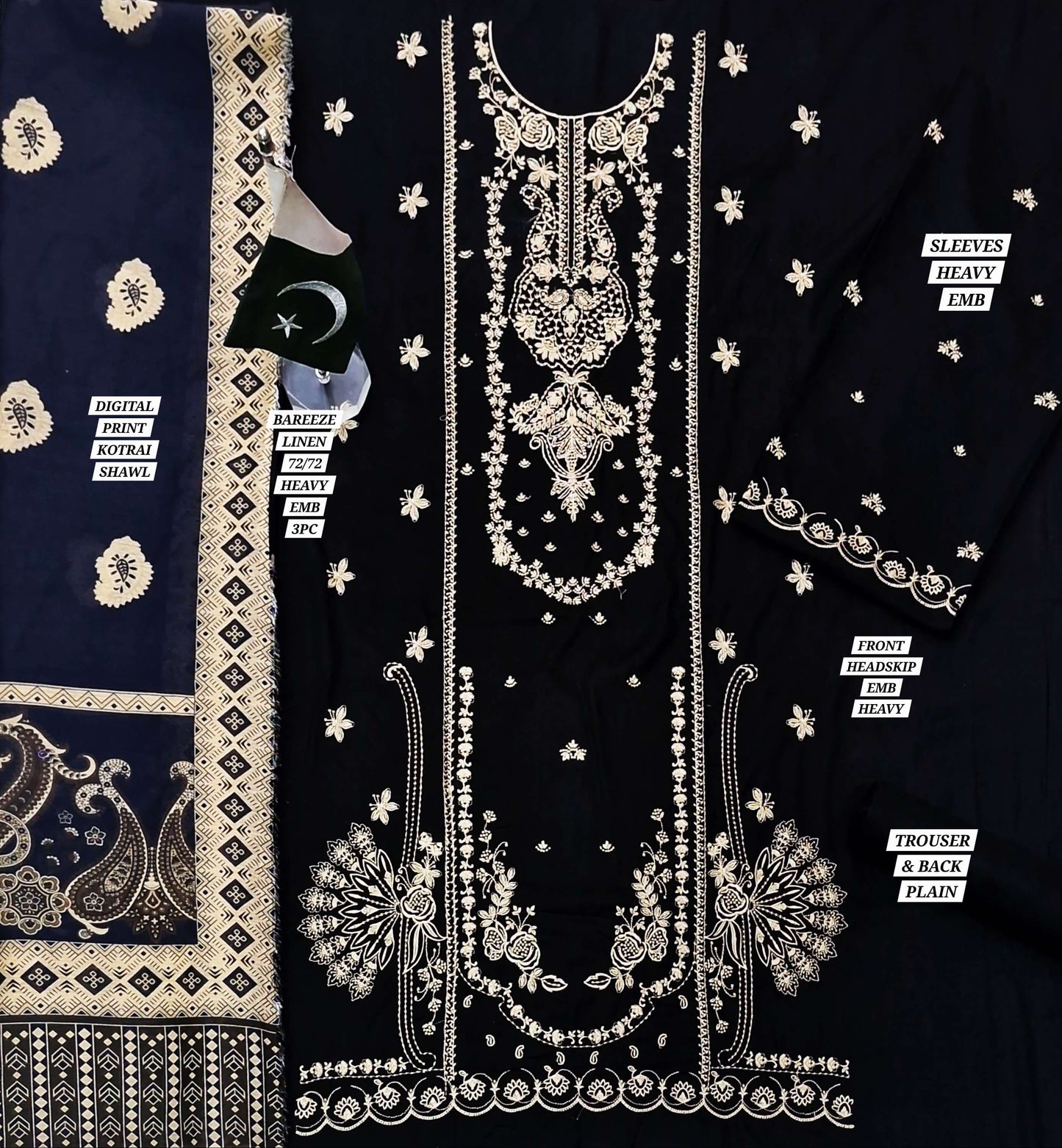 Heavy Embroidered Linen Suit with Bareeze Inspired Printed Shawl BLACK