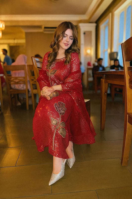Nureh Dupe Fancy Wedding Wear – Heavy Sequence Party Wear Dress with Organza Dupatta maroon