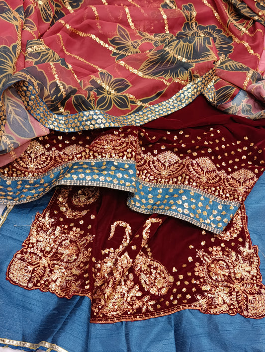 3pc Valvet jazmin with heavy embellished silk dupatta Maroon