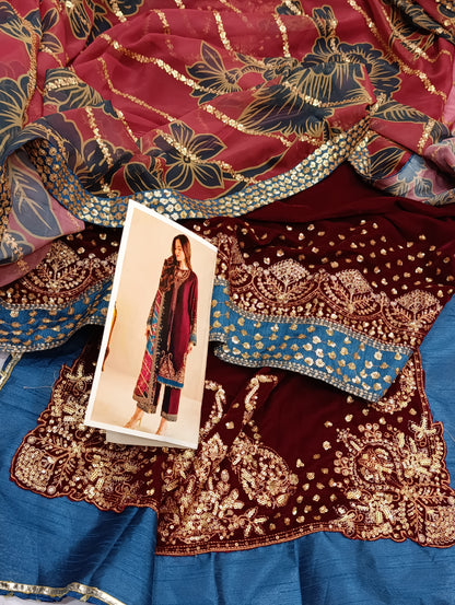 3pc Valvet jazmin with heavy embellished silk dupatta Maroon