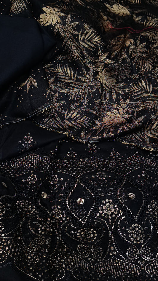 3pc Dhanak lazerkari with kanni shawl Black